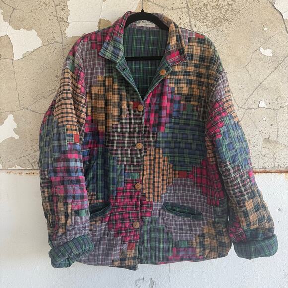 Vtg Patchwork Jacket Reversible Plaid Barn Coat Womens L XL 90s Boho Cottagecore - Picture 1 of 12
